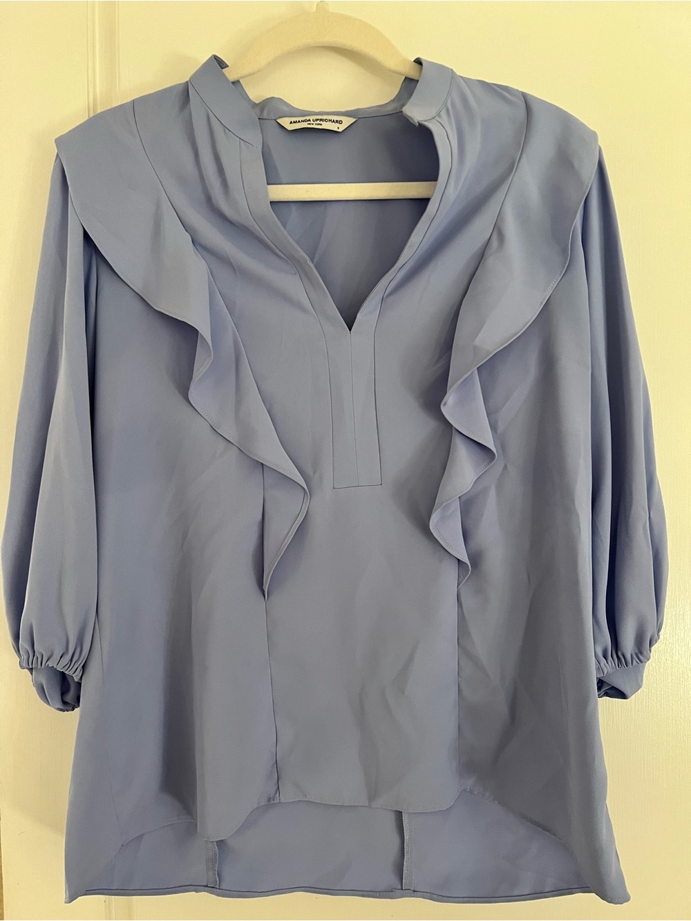 Amanda Uprichard blue Ruffle V-Neck Blouse